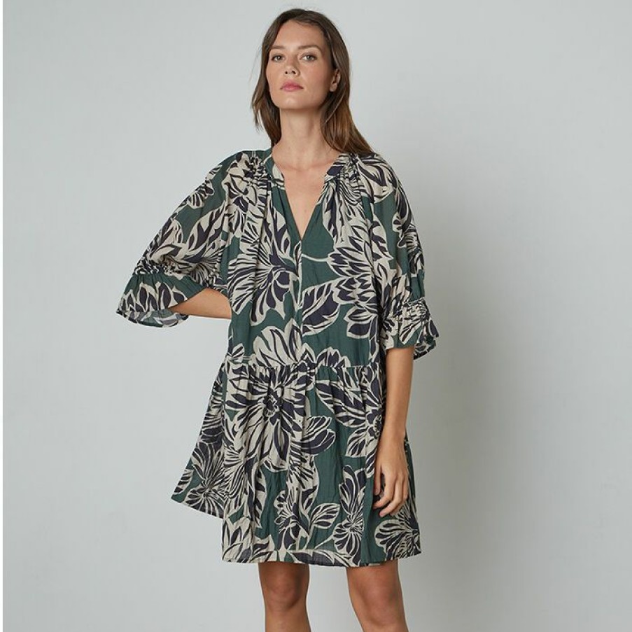 Dresses & Jumpsuits * | Wholesale Velvet Women'S Layne Printed Silk Cotton Voile Dress Green